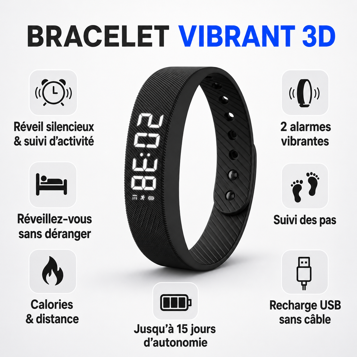 Bracelet Vibrant 3D - Réveil Silencieux & Suivi d’Activité
